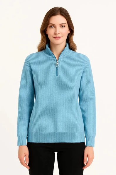 KADIN Yarım Fermuarlı Triko Kazak – Selanik Örgü, Dik Yaka, Pamuklu Dokuma, Oversize Uzun Kollu Kışlık Model - Bebe Mavi - Resim 2