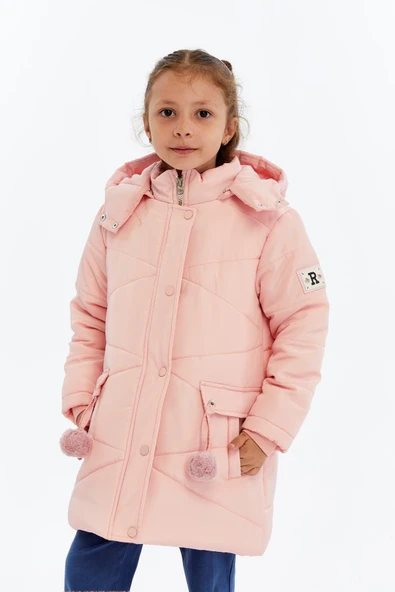 Kapüşonlu Kışlık Ponpon Detaylı Kız Çocuk Kaban 51354 ürün görseli