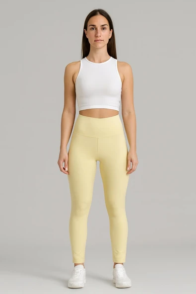 Yüksek Bel Basic Kadın Tayt 3'lü Set | Açık Sarı Renk Paket | Spor, Yoga, Günlük Esnek Tayt - Resim 2