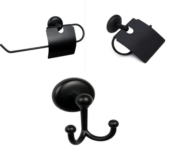 MK Yapışkanlı Siyah  Üçlü Banyo Aksesuar Seti - Kapaklı Havlu Kağıtlık - Banyo Askısı - Kapaklı Tuvalet Kağıtlık ürün görseli