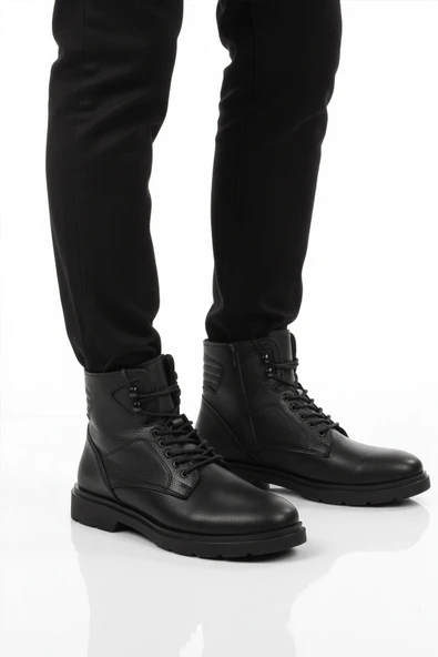 Ayakmod Siyah İçi Polarlı Kaymaz Fermuarlı Bağcıklı Erkek Bot 562 M