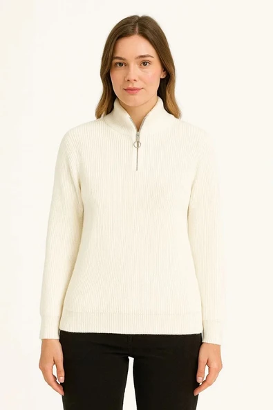 KADIN Yarım Fermuarlı Triko Kazak – Selanik Örgü, Dik Yaka, Pamuklu Dokuma, Oversize Uzun Kollu Kışlık Model - Beyaz - 3