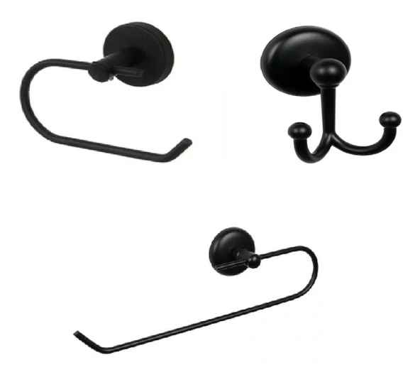 MK Yapışkanlı Siyah  Üçlü Banyo Aksesuar Seti - Açık Havlu Kağıtlık - Banyo Askısı - Açık Tuvalet Kağıtlık ürün görseli