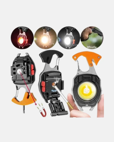 Mini LED Anahtarlık Fener – Şişe Açacağı, Tornavida, Düdük ve USB Şarj Özellikli - Resim 2
