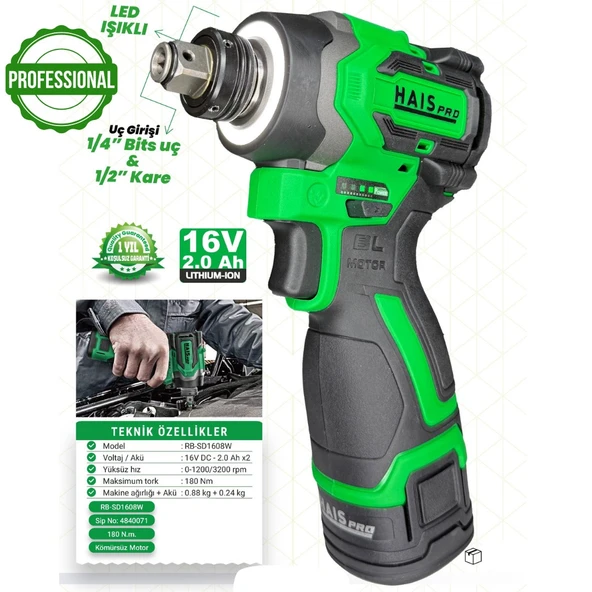 HaisPro 180 Nm Tork Akülü Somun Sıkma - Profesyonel Akülü Vidalama - 2x2 Ah Çift Akü - RB-SD1608W ürün görseli