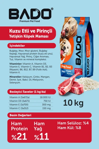 Bado Yetişkin Köpek Maması Kuzu Etli Pirinçli 10 Kg - Resim 5
