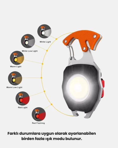 Mini LED Anahtarlık Fener – Şişe Açacağı, Tornavida, Düdük ve USB Şarj Özellikli - Resim 3