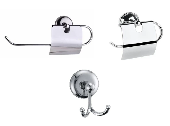 MK Yapışkanlı Krom  Üçlü Banyo Aksesuar Seti - Kapaklı Havlu Kağıtlık - Banyo Askısı - Kapaklı Tuvalet Kağıtlık ürün görseli