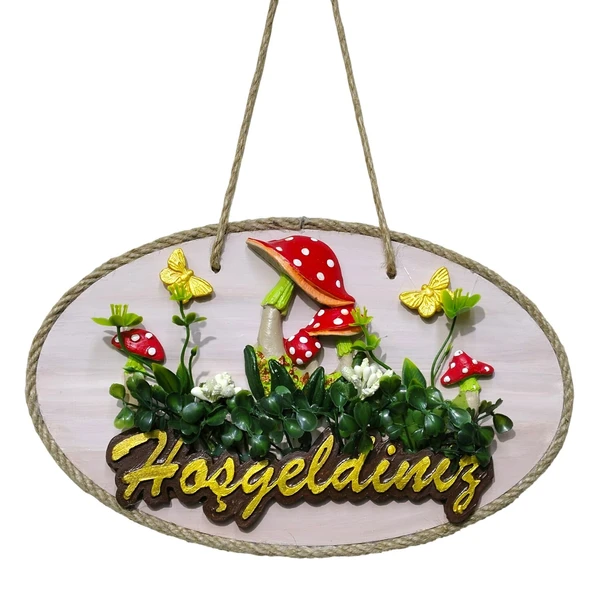 Dekoratif Hoşgeldiniz Kapı Süsü – Mantar ve Kelebek Figürlü, Yapay Çiçekli, Ahşap Tasarım, Ev & Bahçe Kapısı İçin Dekor ürün görseli