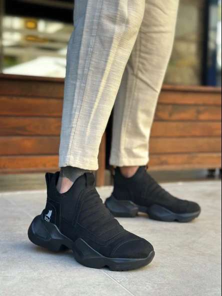 ET0401 Bağcıksız Rahat Yüksek Siyah Taban Siyah Süet Erkek Spor Yarım Bilek Bot - Resim 5