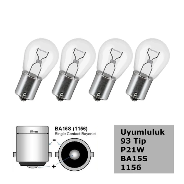 93 Tip P21W Tek Duy Düz Tırnak Siyal, Stop Halojen Ampul 12V 4 Adet