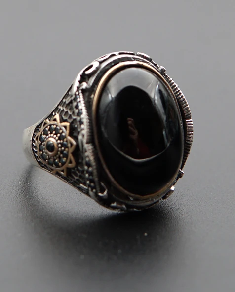 925 Ayar Erkek Gümüş Oltu Taşı Yüzük sy00076 - Resim 5