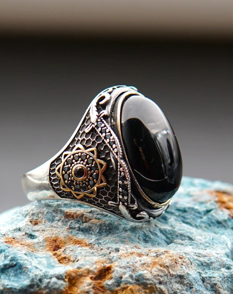 925 Ayar Erkek Gümüş Oltu Taşı Yüzük sy00076 - Resim 3