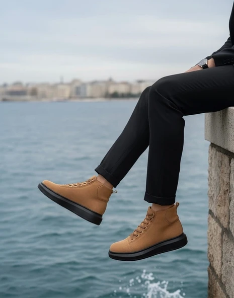 ET0713 Bağcıklı Yüksek Taba Süet Siyah Taban Erkek Tarz Spor Bot - Resim 3