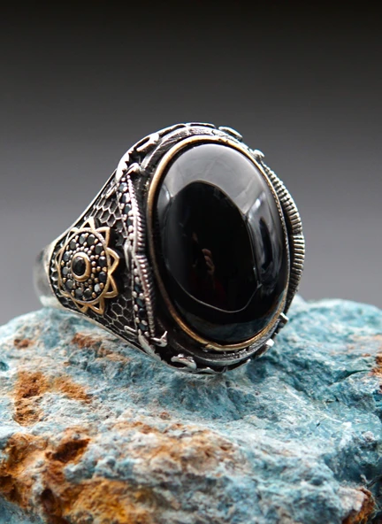 925 Ayar Erkek Gümüş Oltu Taşı Yüzük sy00076 ürün görseli 1