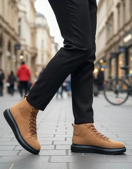 ET0713 Bağcıklı Yüksek Taba Süet Siyah Taban Erkek Tarz Spor Bot ürün görseli