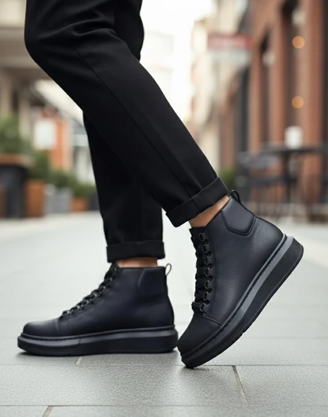ET0713 Bağcıklı Yüksek Siyah Taban Erkek Tarz Spor Bot - Resim 2