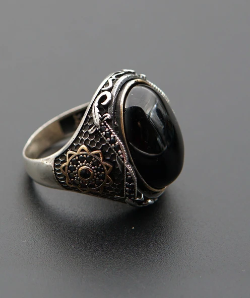 925 Ayar Erkek Gümüş Oltu Taşı Yüzük sy00076 - Resim 4