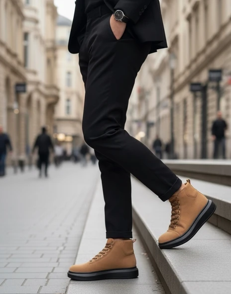 ET0713 Bağcıklı Yüksek Taba Süet Siyah Taban Erkek Tarz Spor Bot - Resim 2