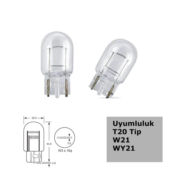 T20 W21 Tip 5W Tek Duylu Halojen Ampul 12V 2 Adet