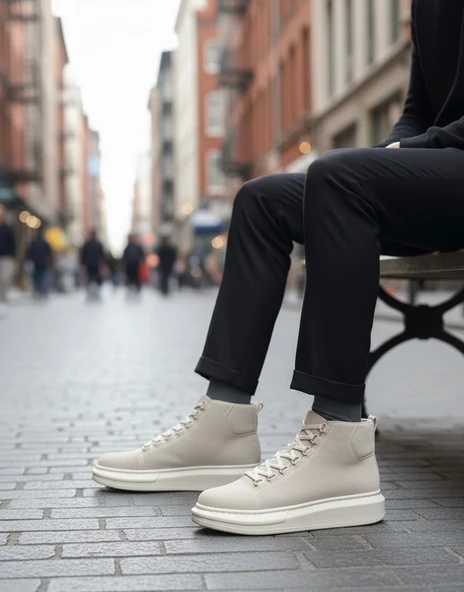 ET0713 Bağcıklı Süet Bej Yüksek Taban Erkek Tarz Spor Bot - Resim 2