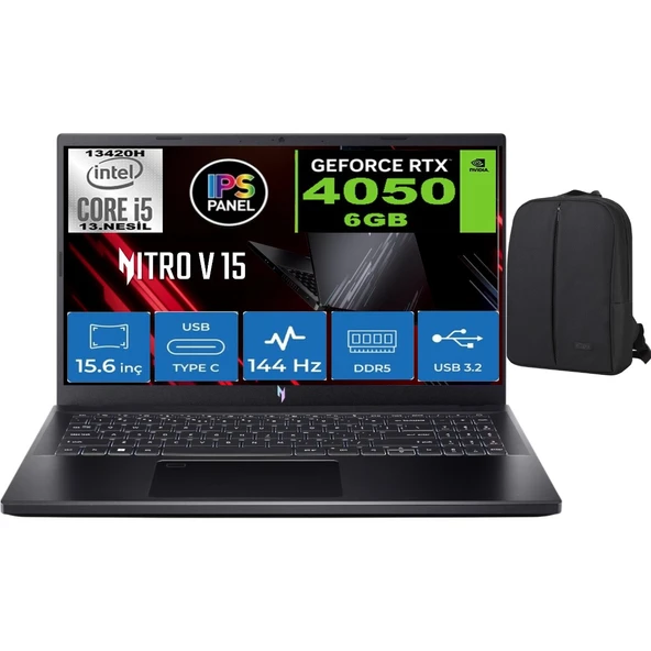 Nitro V 15 Intel Core I5 13420H 32GB Ddr5 512 GB SSD RTX4050 (6gb) 15,6" IPS Fhd 144Hz WINDOWS11 & Çanta Hediyeli ürün görseli 1