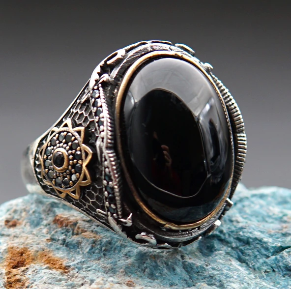 925 Ayar Erkek Gümüş Oltu Taşı Yüzük sy00076 - Resim 2