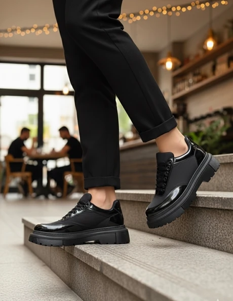 ET0243 Bağcıklı Rugan Paraşüt Detaylı Yüksek Siyah Taban Erkek Ayakkabı ürün görseli