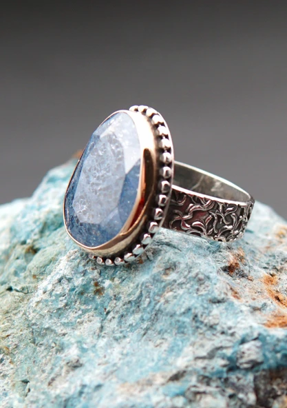 925 Ayar Kadın Gümüş Ceyt Taşı Yüzük sy00077 - Resim 4