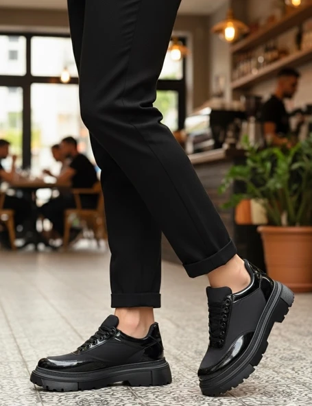 ET0243 Bağcıklı Rugan Paraşüt Detaylı Yüksek Siyah Taban Erkek Ayakkabı - Resim 2