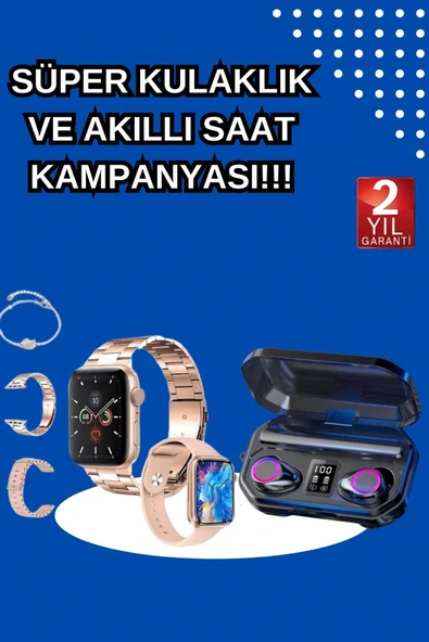 Kadınlar İçin 3 Kordonlu Akıllı Saat ve Dijital Göstergeli Powerbankli Bluetooth Kulaklık Dokunmatik Kontrol - 1