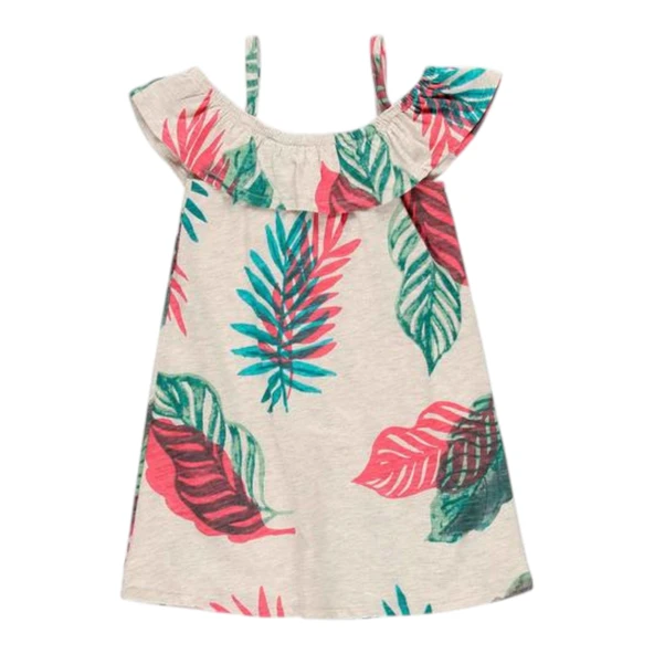 Kız Çocuk Yaprak Desenli Kolsuz Elbise Açık Gri