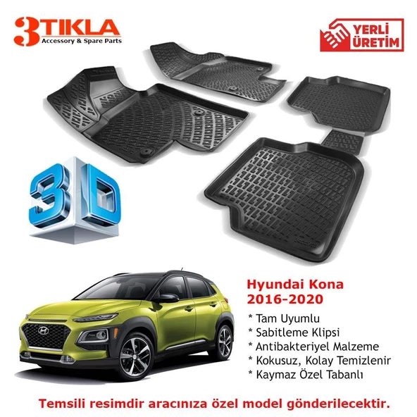 Hyundai Kona 2016-2020 Premium 3D Havuzlu Paspas Seti ürün görseli