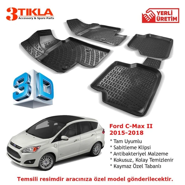 Ford C-Max II 2015-2018 Premium 3D Havuzlu Paspas Seti