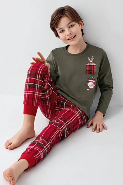 Arnetta Erkek Çocuk Aile %100 Pamuk 4 Mevsim New Year Uzun Kollu Pijama Takım - 7