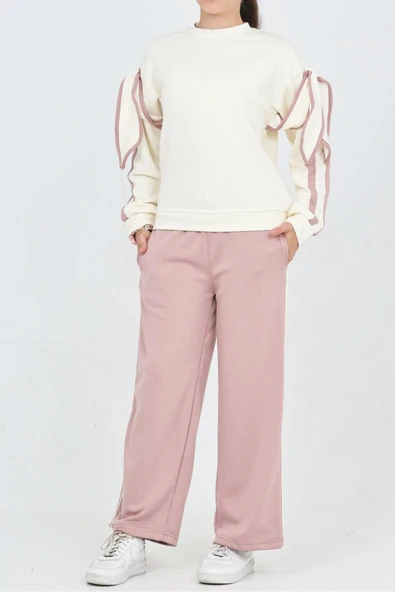 Kız Çocuk Oysho Kumaş Kol Aksesuarlı Geniş Paçalı Alt- Üst Takım 12319 - Resim 6