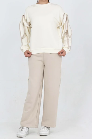 Kız Çocuk Oysho Kumaş Kol Aksesuarlı Geniş Paçalı Alt- Üst Takım 12320 - Resim 5