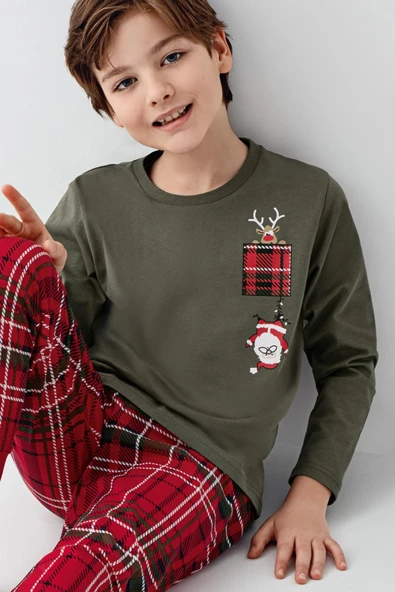 Arnetta Erkek Çocuk Aile %100 Pamuk 4 Mevsim New Year Uzun Kollu Pijama Takım - 5