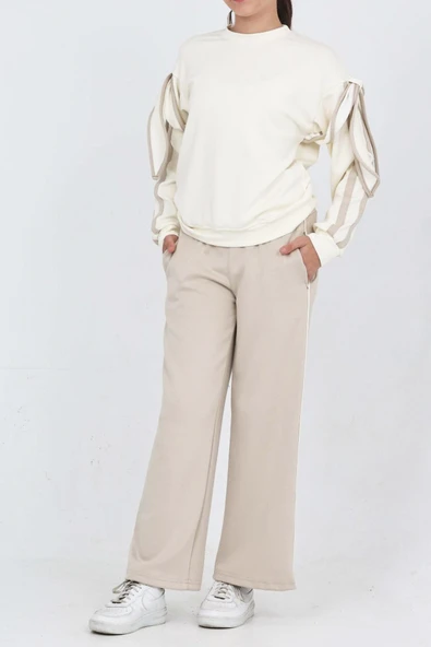 Kız Çocuk Oysho Kumaş Kol Aksesuarlı Geniş Paçalı Alt- Üst Takım 12320 - Resim 4