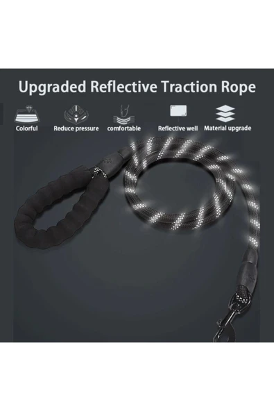 Köpekler İçin Gezdirme Tasması Reflektörlü 130 Cm Halat Orta Ve Büyük Boy Köpekler İçin Siyah - Resim 3