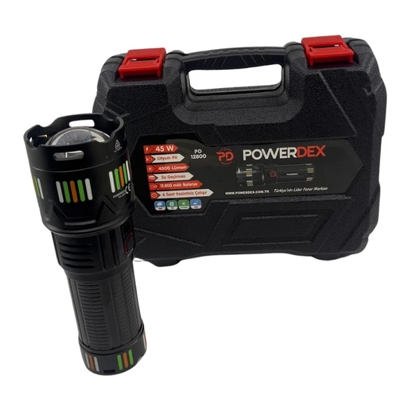 Powerdex PD-12800 Su Geçirmez 45 Watt 4500 Lümen 12800mAH Pil Süper Güçlü LED Profesyonel Şarjlı El Feneri - 2