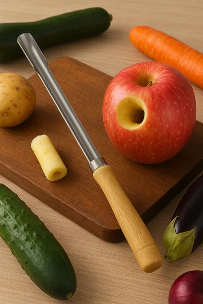 Ahşap Saplı Uzun Oyacak 24 cm Paslanmaz Çelik Sebze ve Meyve Oyacağı ürün görseli 1