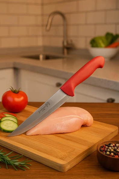 Paslanmaz Çelik Kasap Bıçağı Kırmızı Saplı Et ve Mutfak Bıçağı 27 cm ürün görseli 1