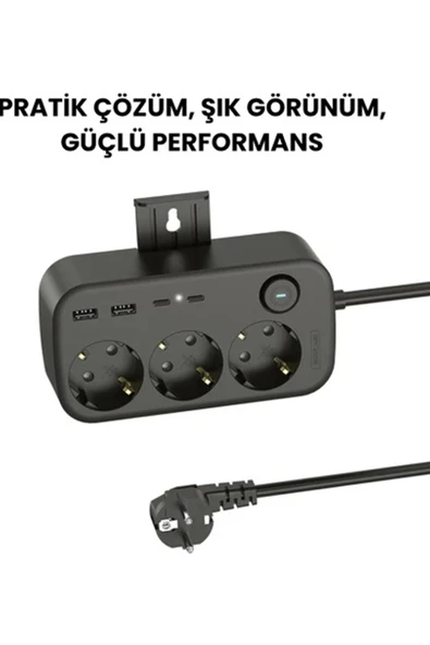 Akım Korumalı Priz 2 Usb + 2 Type-c Girişli 2 Metre Kablosu Anahtarlı Ve Duvara Monte Edilebilir - Resim 5