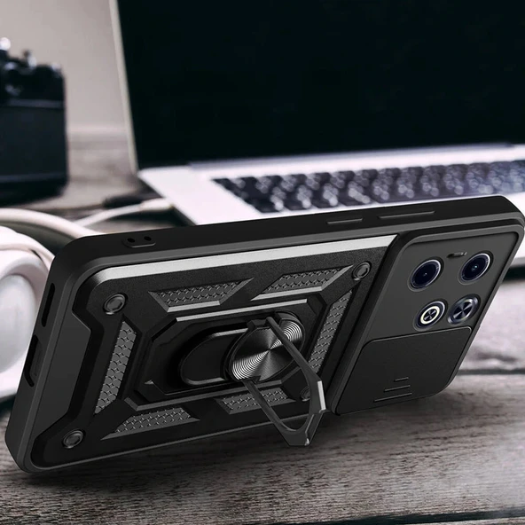 İnfinix Smart 8 Kılıf Magnetik Standlı Kamera Korumalı Sürgülü Vega Kapak - Resim 5