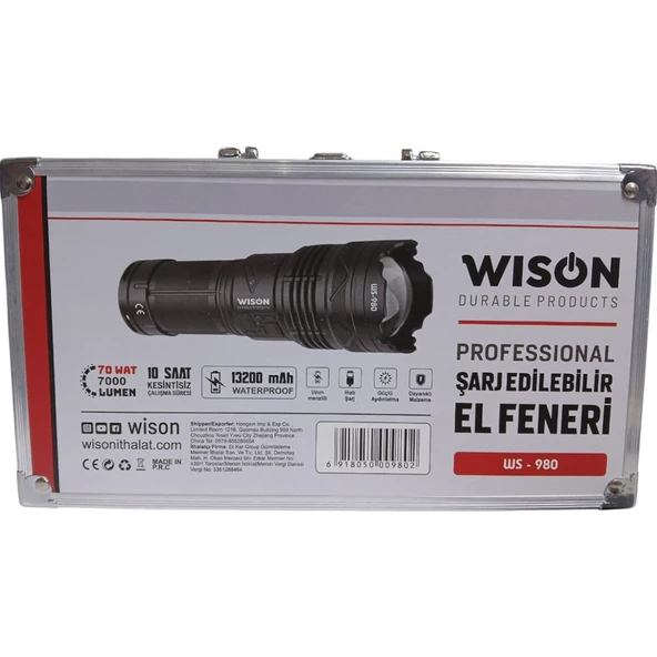 Wison 980 Profesyonel Zoomlu El Feneri | 60W – 6000 Lümen – 13.200 Mah – Type‑c – Metal Gövde - Resim 3