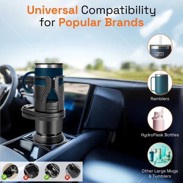 2’si 1 Arada Ayarlanabilir Araç Bardak Tutucu, Genişleyebilir Üst Kısım 3”-6.2”, Şişe Adaptörü, Araba Organizatörü, Dayanıklı Taban, Ramblers Hydroflask Uyumlu, Modern Araç Düzenleyic - 6