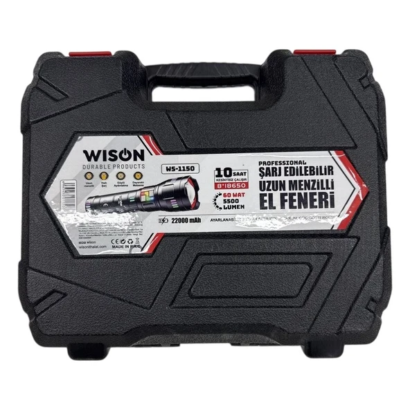 Wison WS-1150 Profesyonel Şarjlı El Feneri | 60W – 5500 Lümen – 22000MAH – 10 Saat Çalışma – Zoom – Metal Gövde - 4