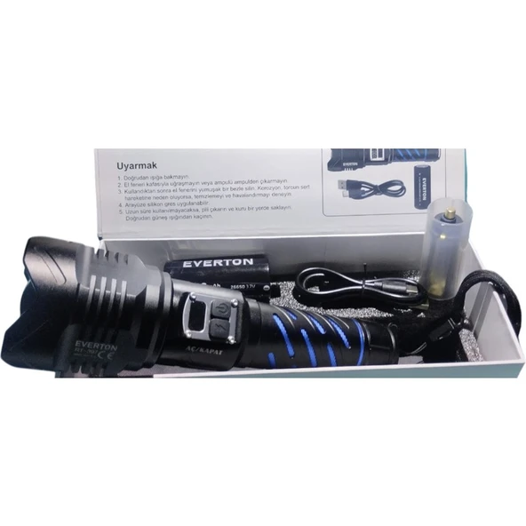 Everton RT-397 Profesyonel El Feneri | 50W – 5000 Lümen – 4800 Mah – 5 Mod – Type-C – Zoomlu – Dijital Göstergeli