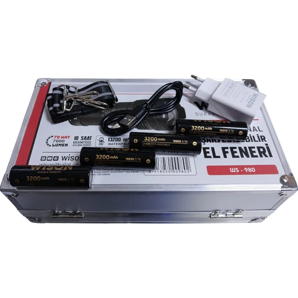 Wison 980 Profesyonel Zoomlu El Feneri | 60W – 6000 Lümen – 13.200 Mah – Type‑c – Metal Gövde - Resim 2